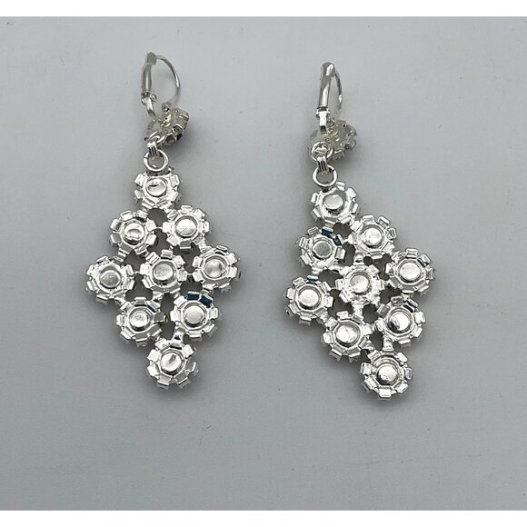 Silver Tone Deep Blue & Clear Rhinestone Pendant Statement Formal Earrings - Picture 2 of 4